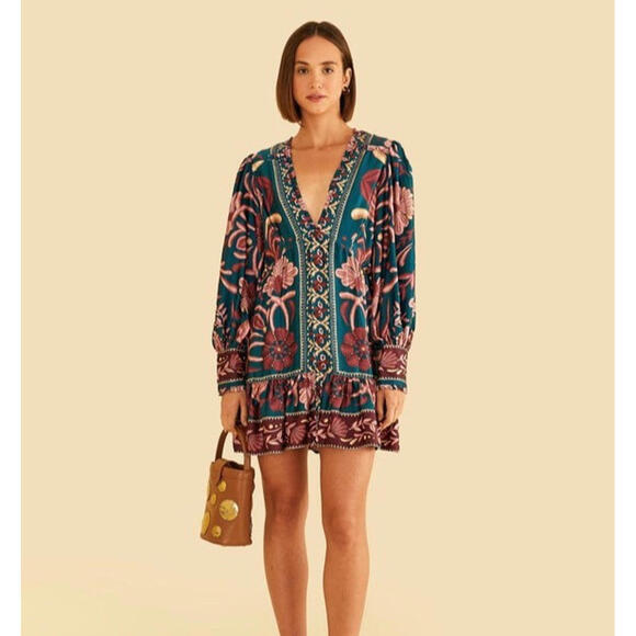 Farm Rio Teal Seashell Tapestry LENZING ECOVERO Viscose Mini Dress Size L Blue - Picture 1 of 4